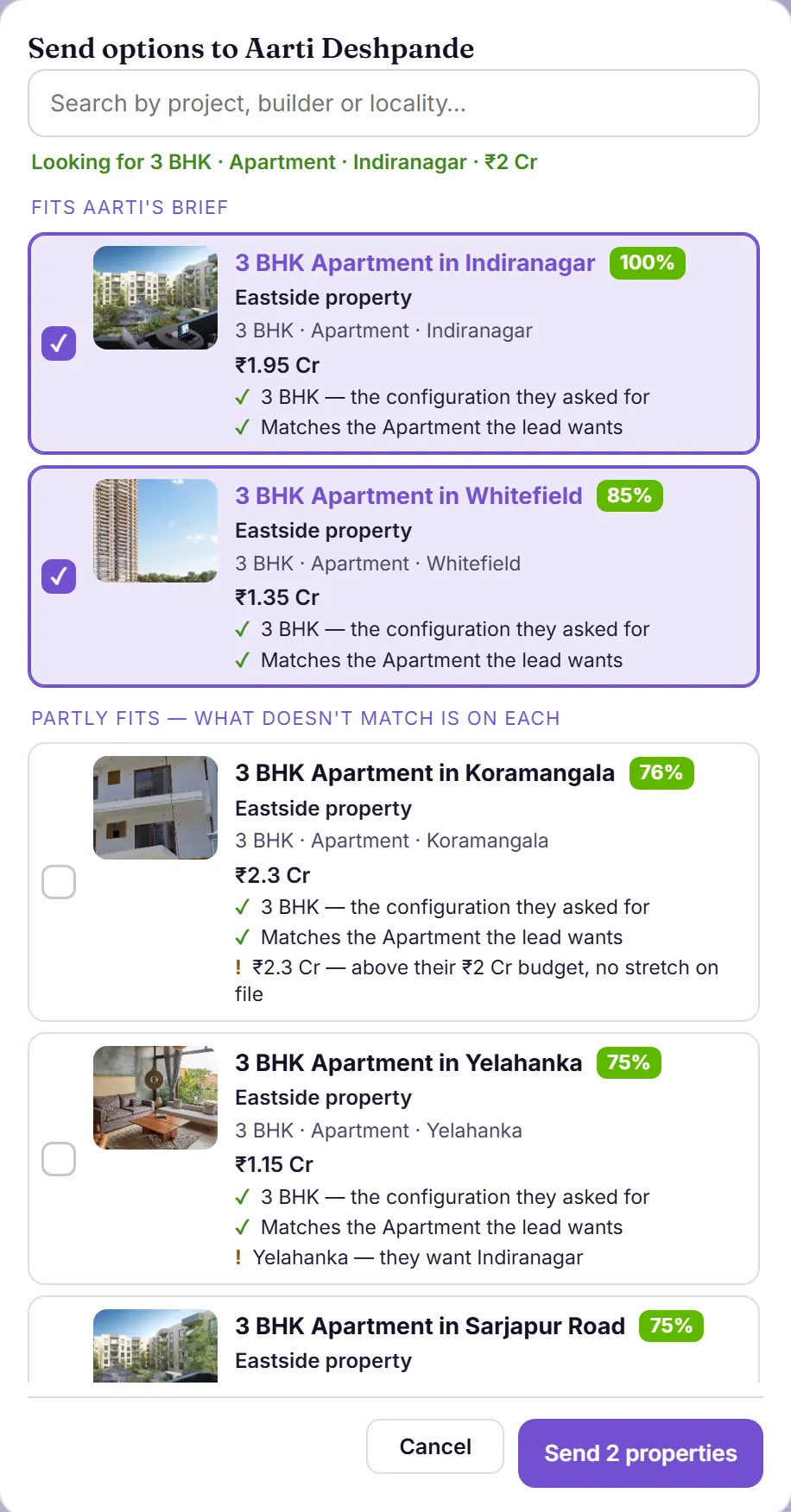 The Send options screen: six properties as tiles with photos and match scores from 100 to 50 per cent; a third one is ticked and the button changes to Send 3 properties.