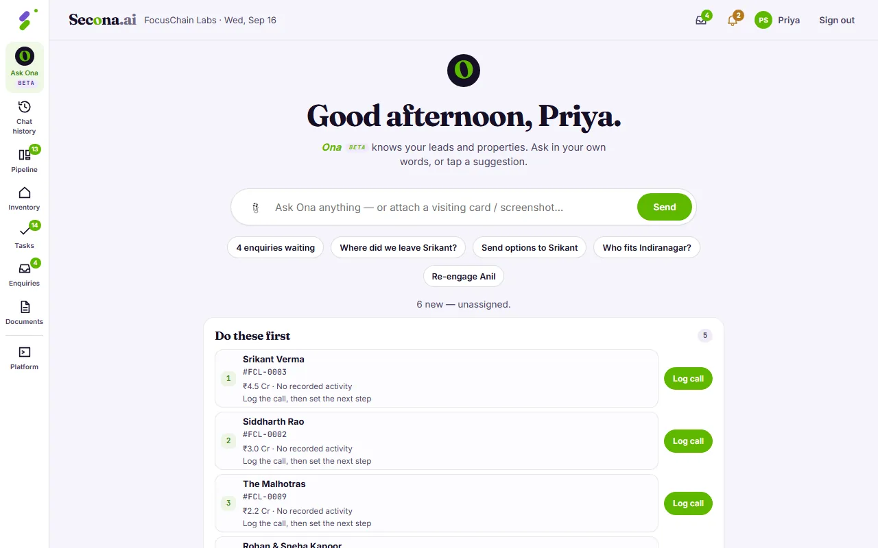 The Ask Ona home screen: a greeting, a question box with suggested prompts, and a Do these first list of leads each with a Log call button.