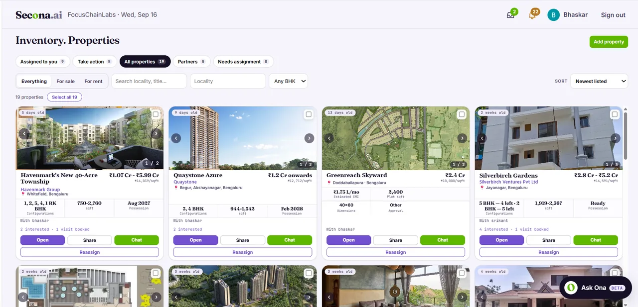 The inventory grid: builder projects and resale homes as photo cards with price range, price per square foot, configurations, built-up area, possession, who holds each one and how many buyers are interested, with Open, Share, Chat and Reassign buttons.